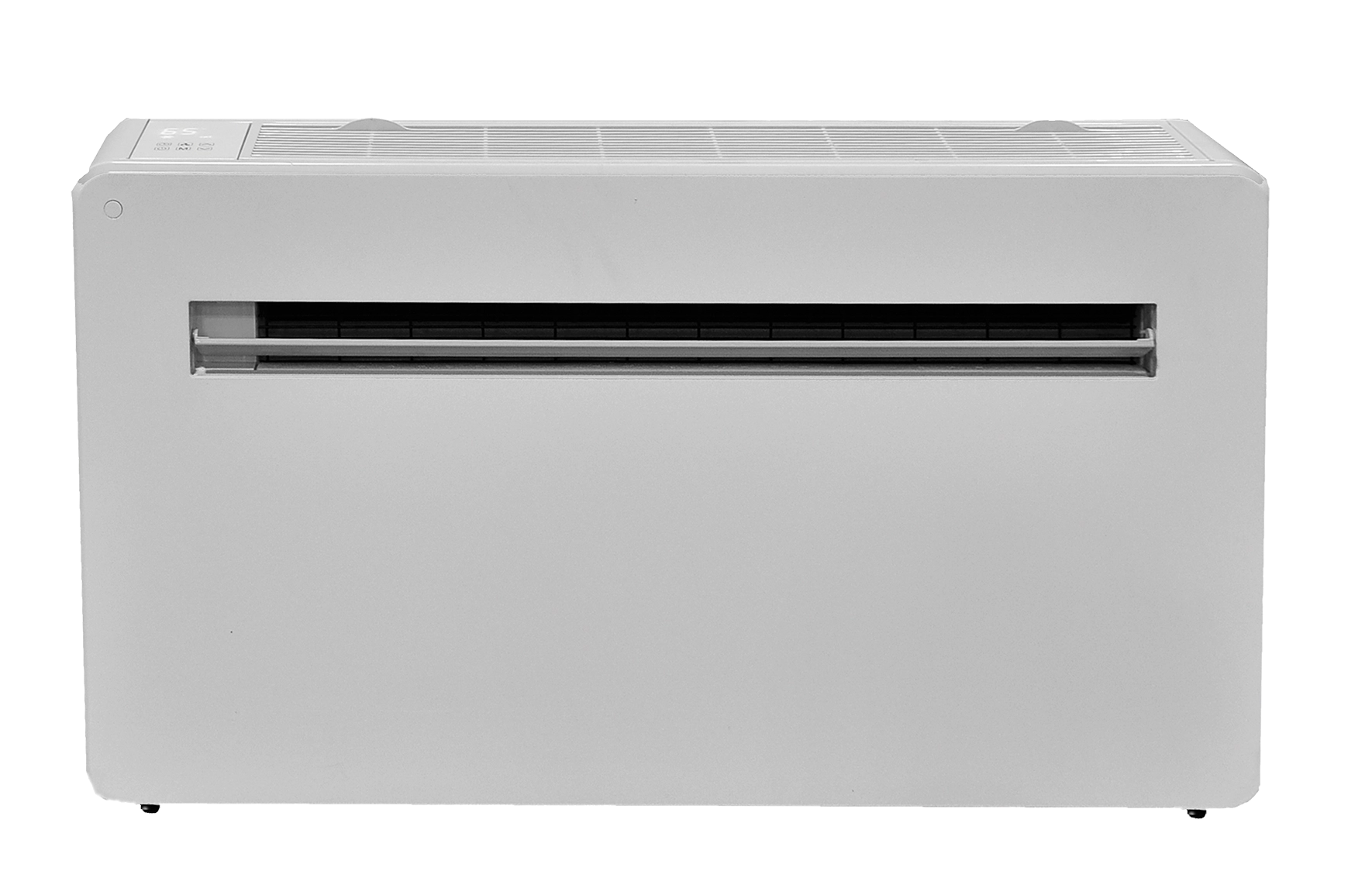 Front view of a white wall-mounted RoomMate heat pump unit.